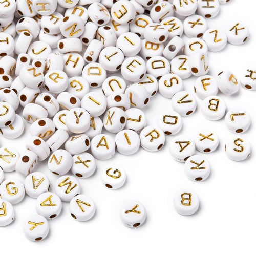 Acrylperlen, Buchstaben, Weiß/Gold, 7mm, Mix, 300 Stück