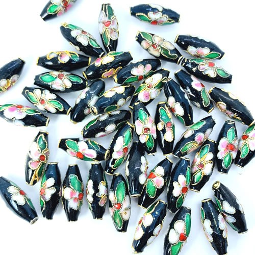 Cloisonne, Olive lang, Schwarz mit Blume, 1 Stück