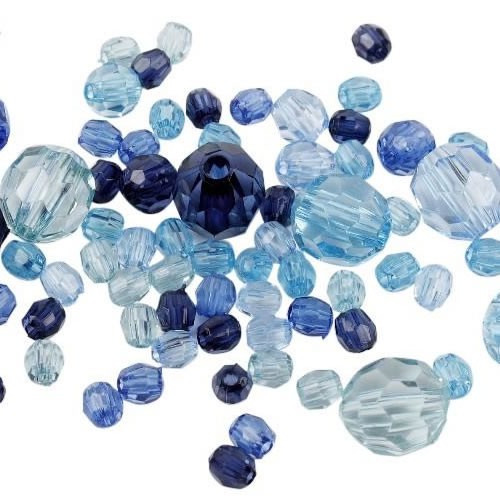 Facettperlenmix, Acrylperlen, Blau, Plastik, 20g
