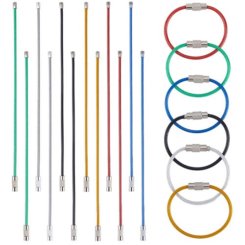 Schlüsselring, Edelstahlseil/Messing, Drehverschluss, Farbmix, 6 Stück