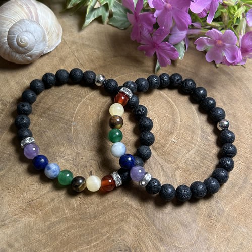 7 Chakrenarmband, Lavaperlen, 6mm, 18cm, 1 Stück