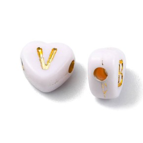 Acrylperlen, Buchstaben, Weiß/Gold, Herz, 100 Stück