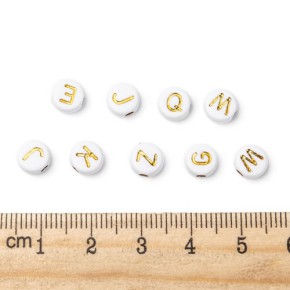 Acrylperlen, Buchstaben, Weiß/Gold, 7mm, Mix, 300 Stück