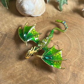 Brosche, Drache, Emailliert, Antik vergoldet, Grün, 1 Stück