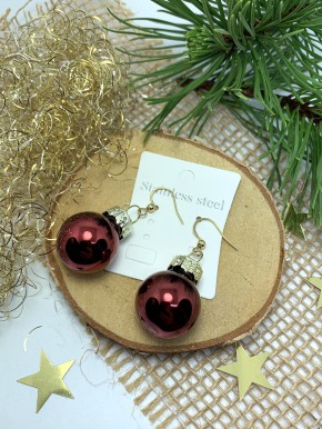 Ohrringe, Christbaumkugel, Auberginerot, Glänzend, 2cm, 1 Paar