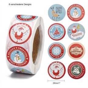 Stickerrolle, Merry Christmas, 8 Designs, 1 Rolle